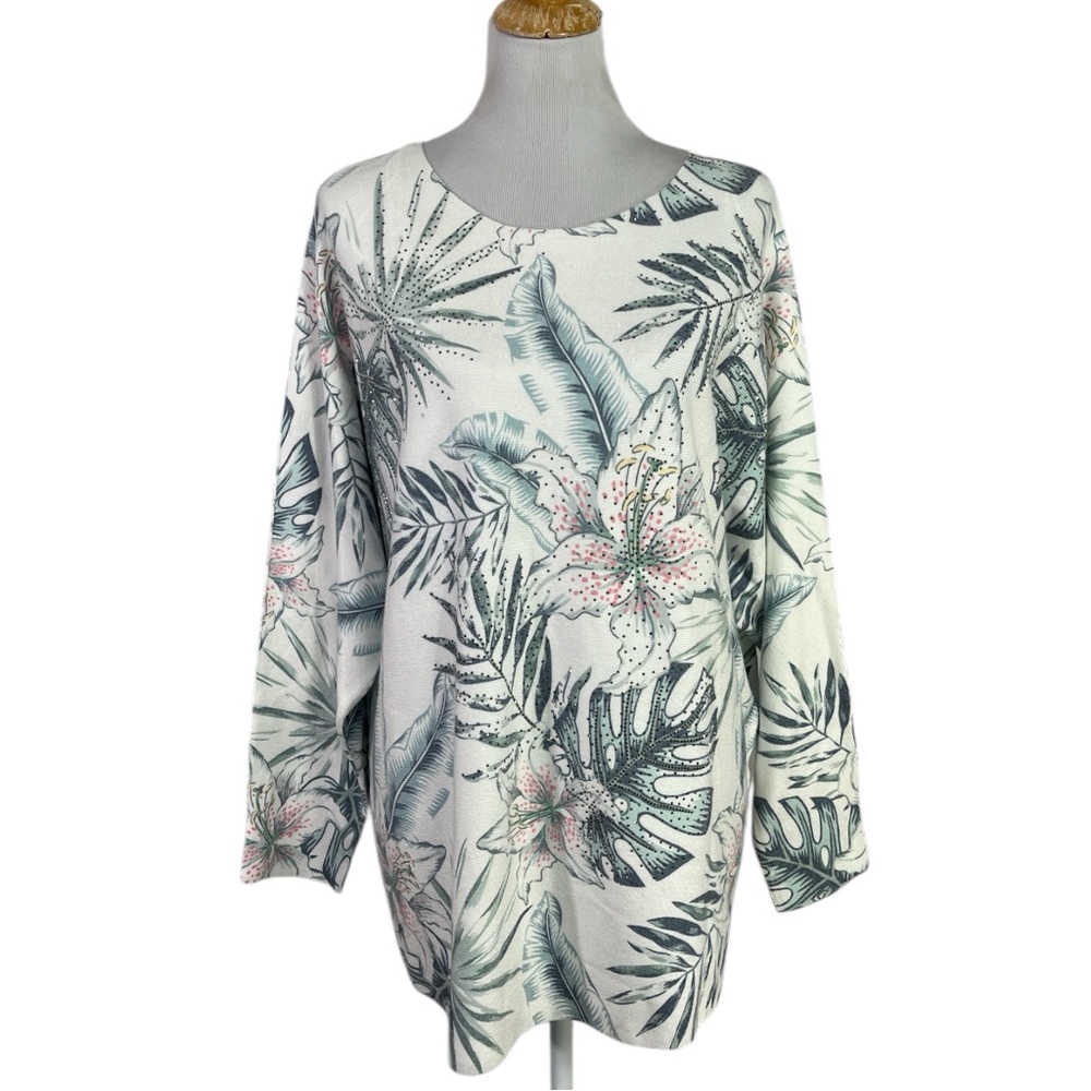 NWT Sioni Luscious Printed Sweater Floral Print with Rhinestones Size 2X